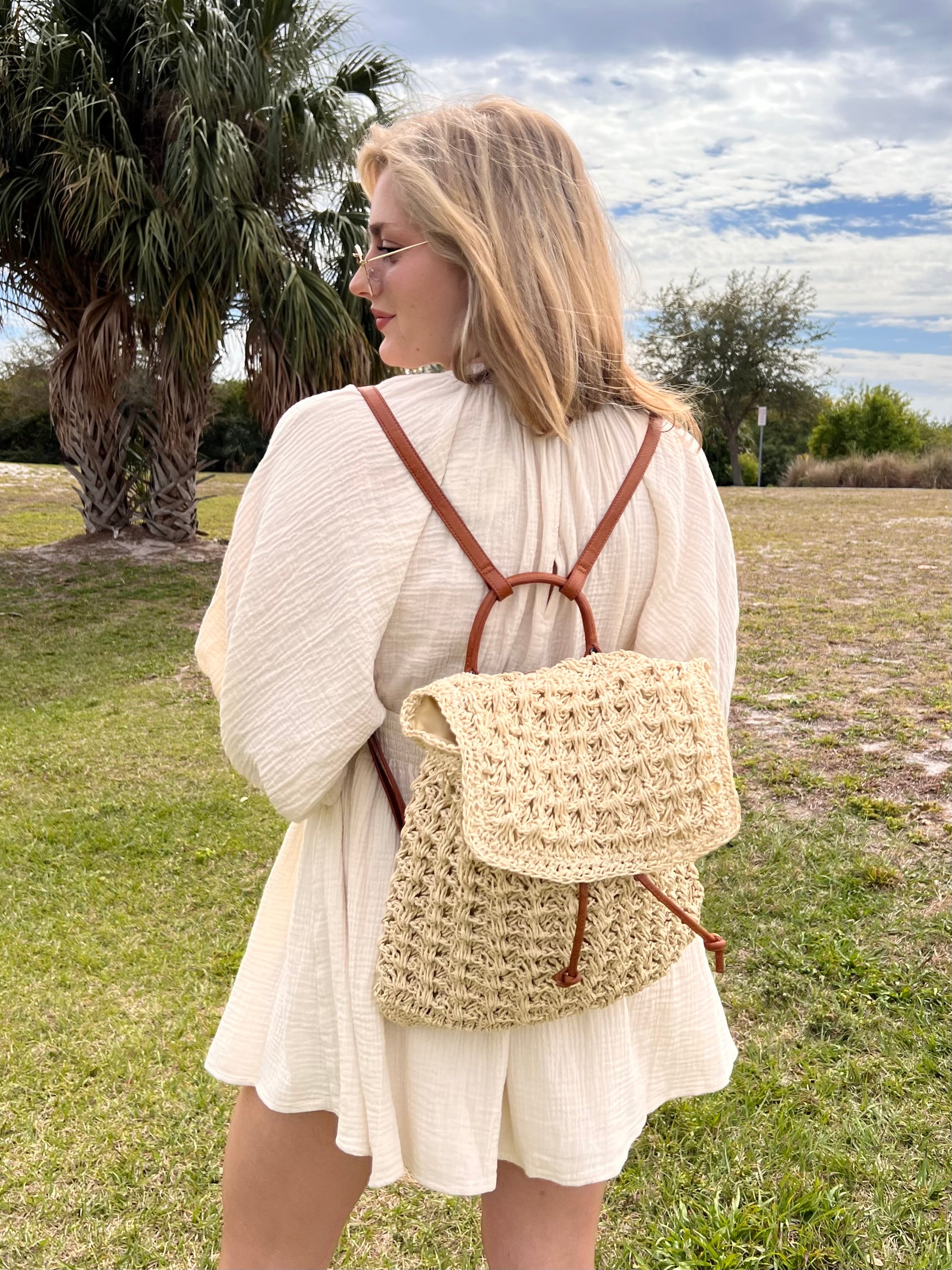 Kaia Ivory Straw Braided Backpack