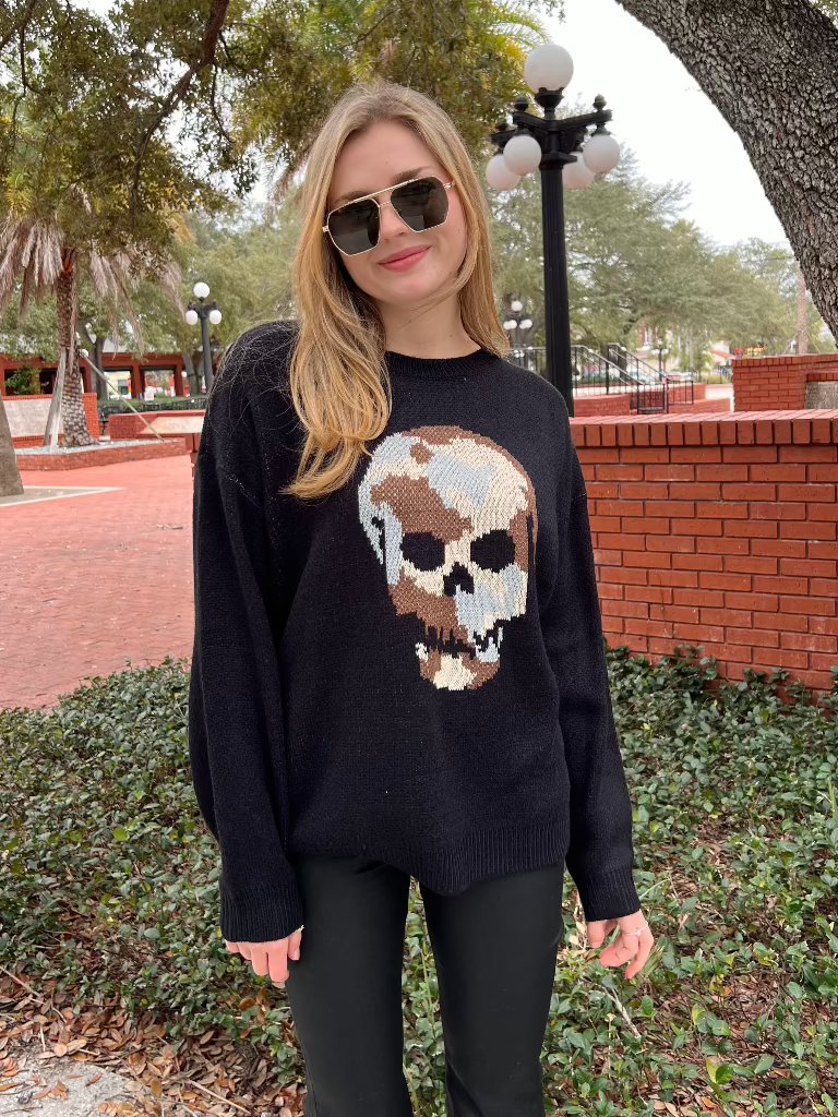 Carver Black Sweater with Camo Skull Graphic Detail