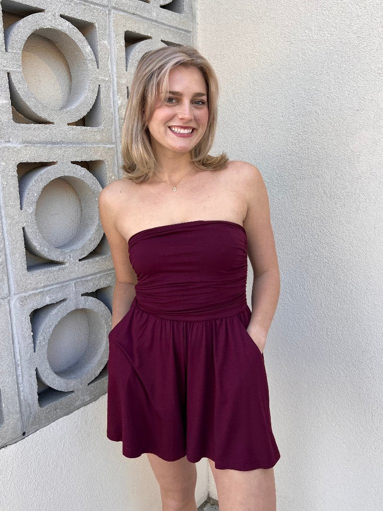 HALEY STRAPLESS ROMPER IN GARNET