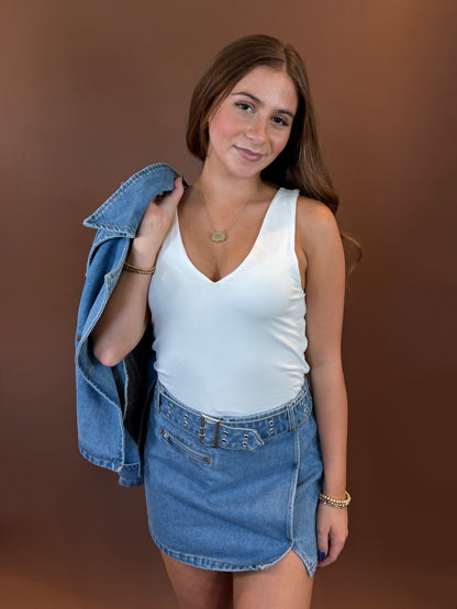 Aster Belted Mini Skirt in Denim