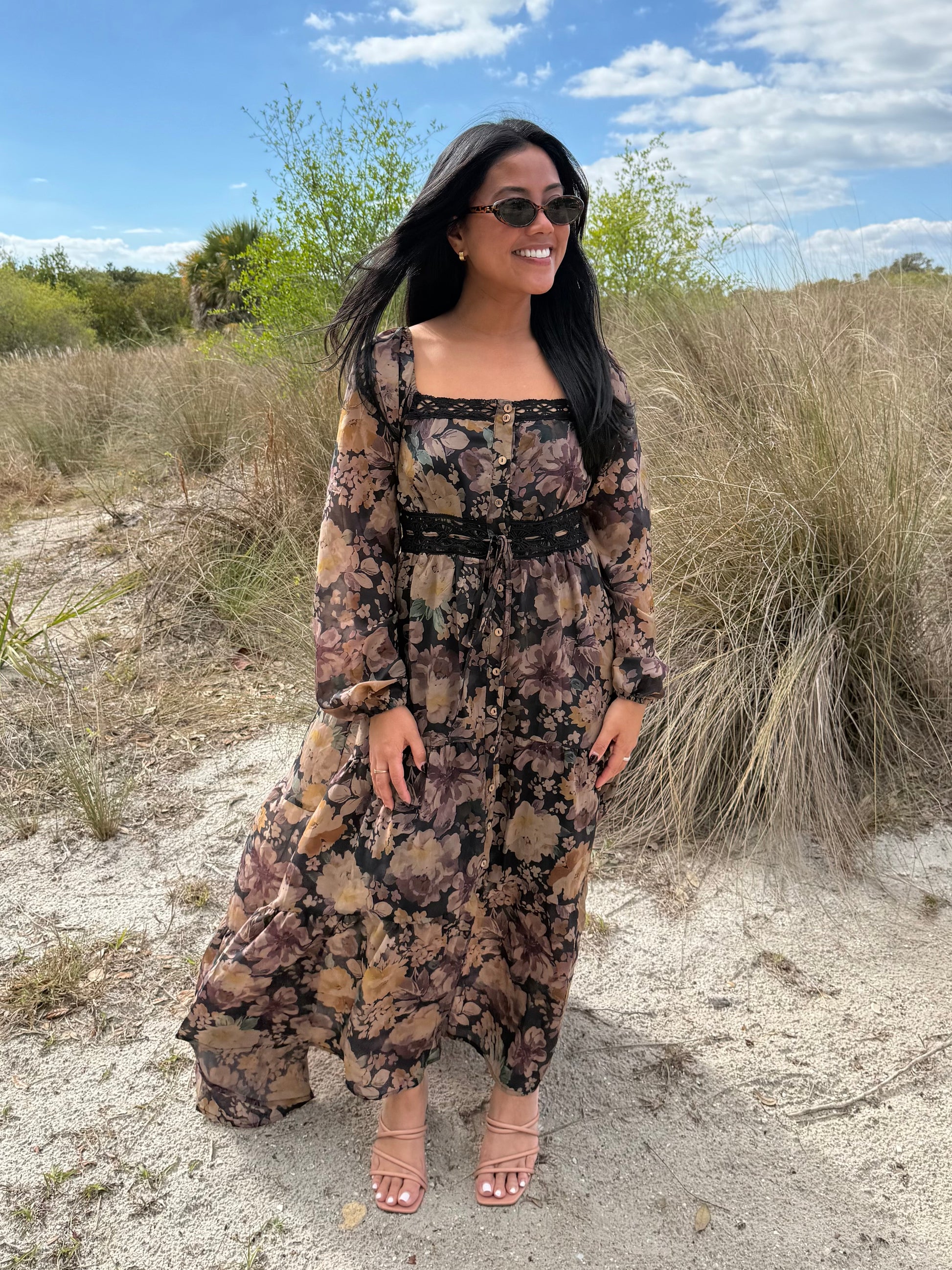 Ophelia Floral Lace Long Sleeve Maxi Dress in Brown