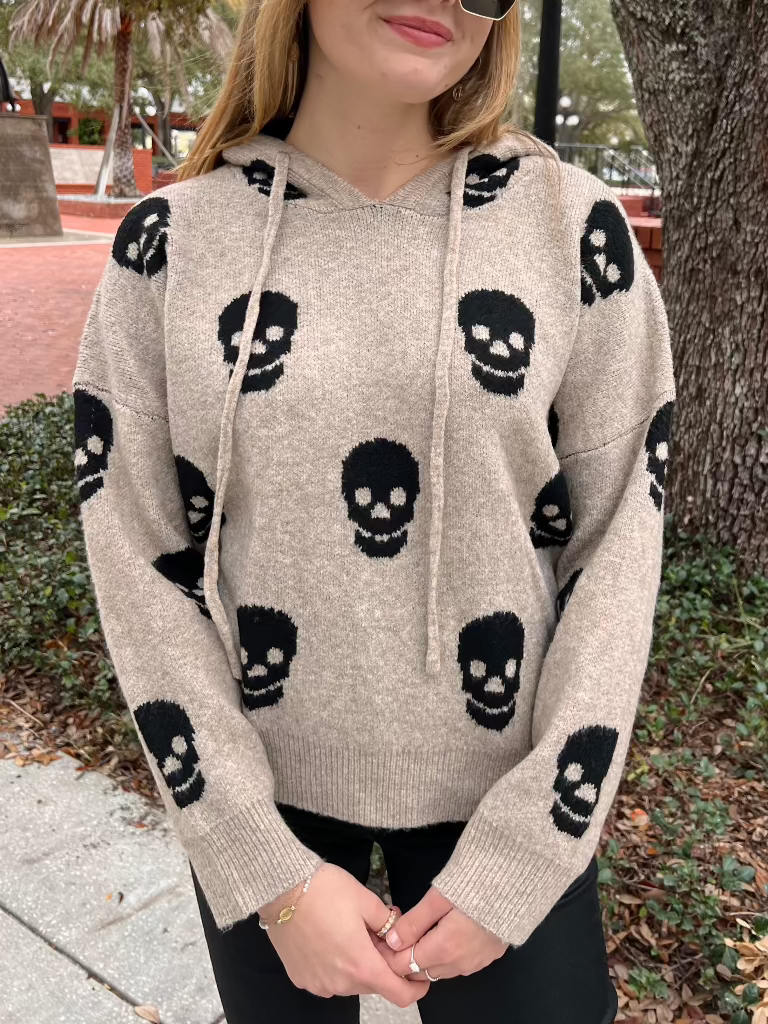 Pirate Tan Sweater Hoodie with Black Skulls