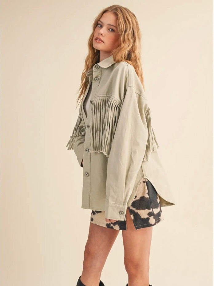 Asher Oversized Fringe Denim Jacket in Sand
