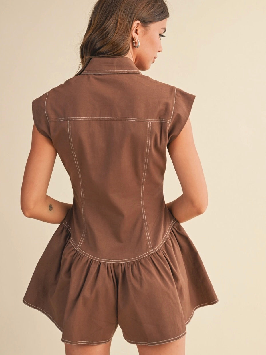 Quinn Drop Waist Sleeveless Romper in Brown