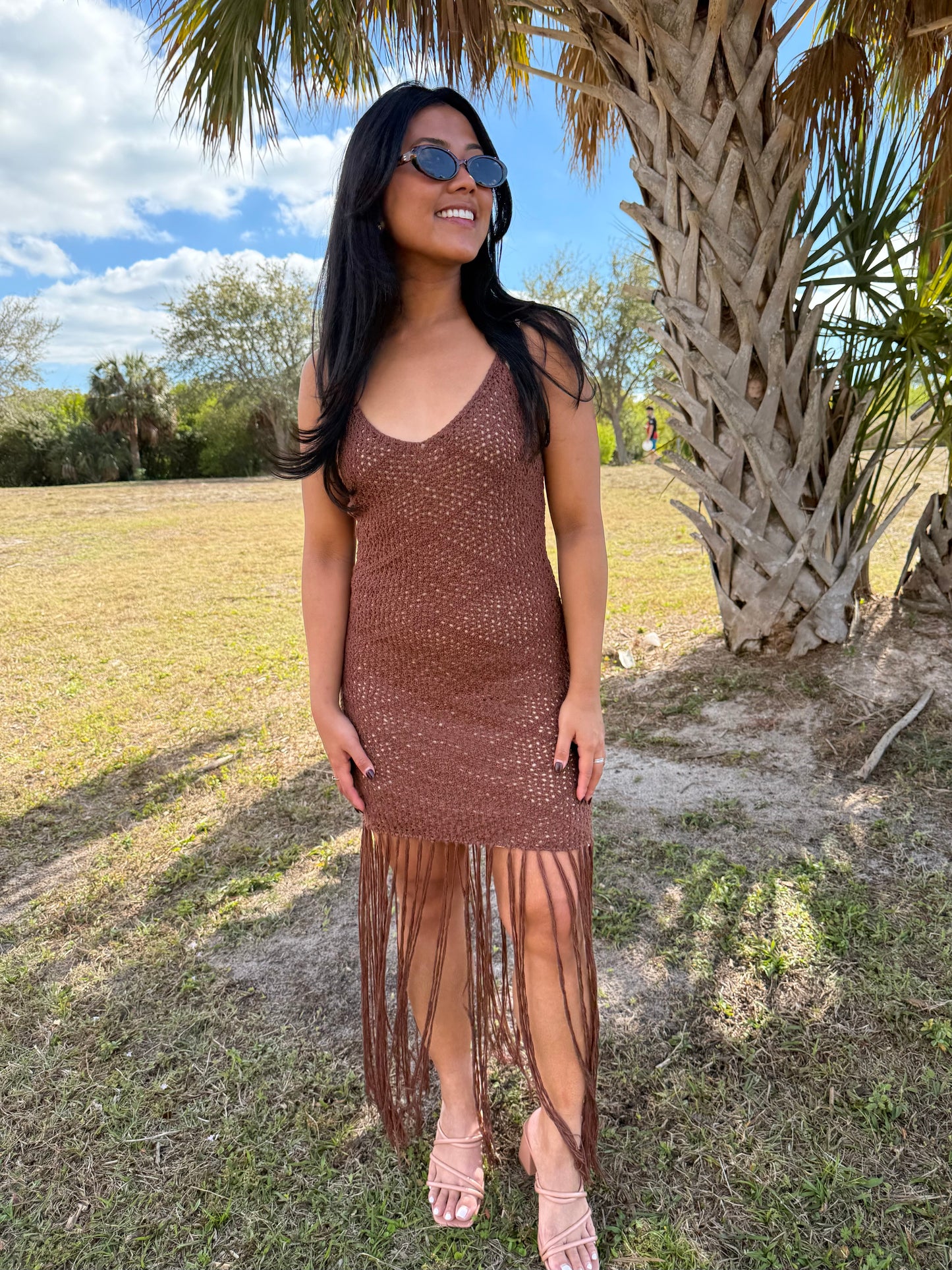 Sloane Fringe Knit Dress in Chocolate Brown