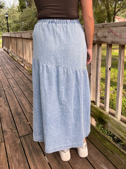 Lola Denim Button Down Tiered Maxi Skirt