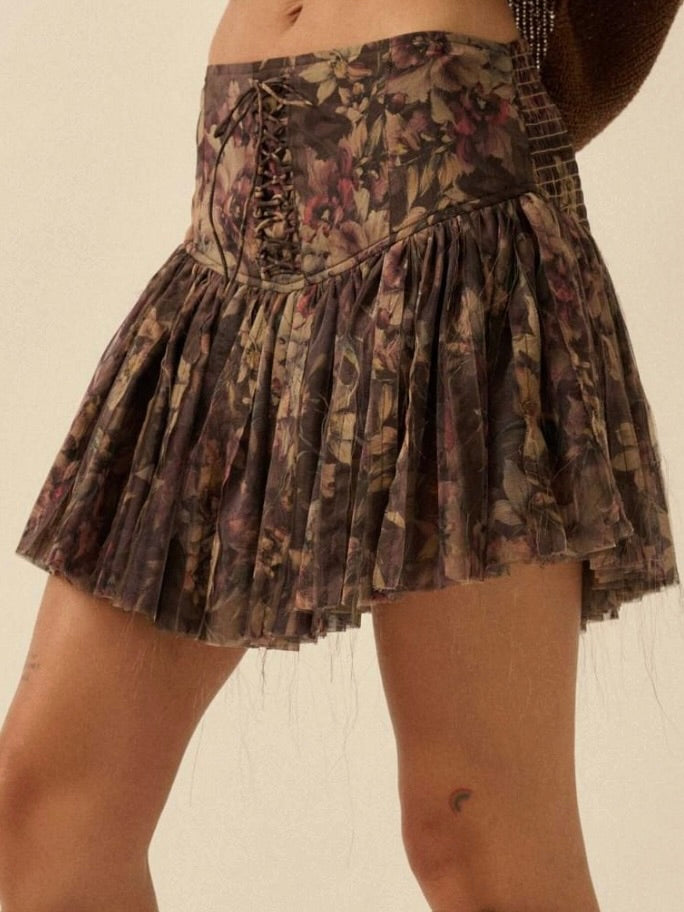 Jenny Drop Waist Pleated Mini Skort in Brown Floral