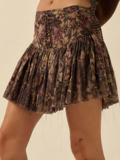 Jenny Drop Waist Pleated Mini Skort in Brown Floral