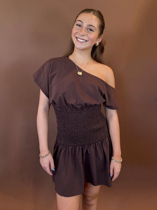 River Off the Shoulder Drop Waist Mini Dress in Chocolate Brown