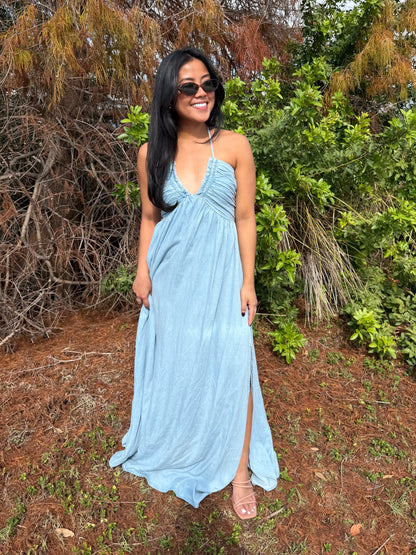 Savannah Halter Neck Open Back Flowy Maxi Dress in Denim