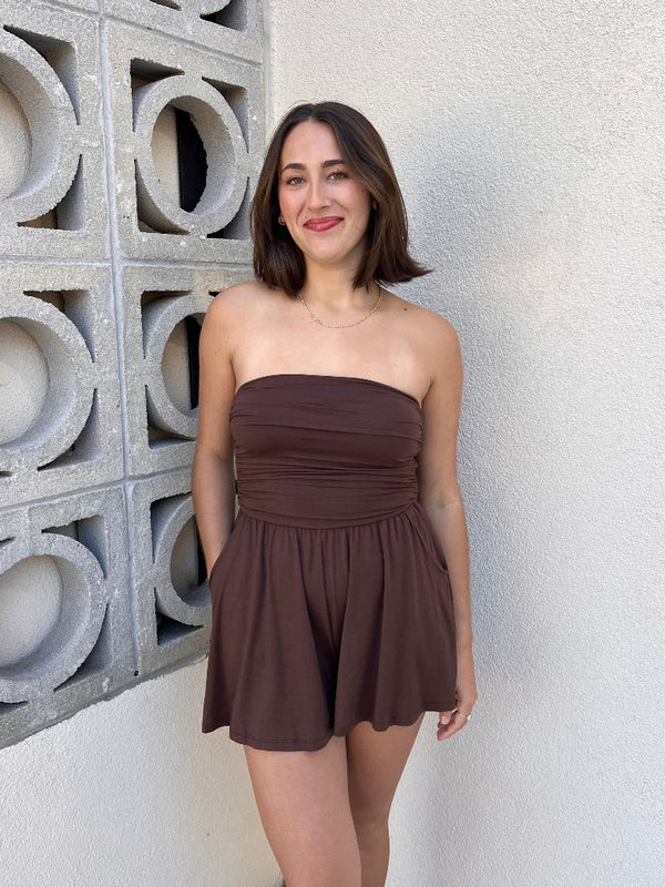 HALEY STRAPLESS ROMPER IN BROWN