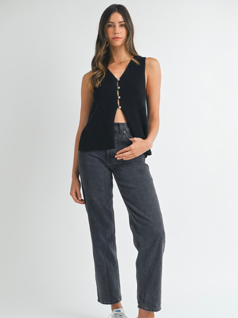 Miles Sleeveless Side Slit Sweater Vest in Black