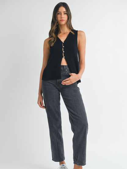 Miles Sleeveless Side Slit Sweater Vest in Black