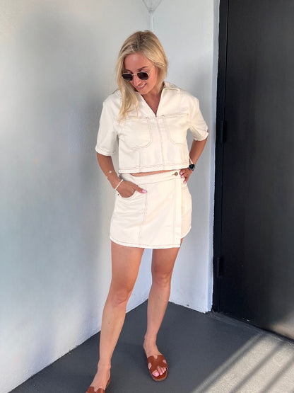 MILEY DENIM CROPPED SHIRT & SKORT SET IN ECRU