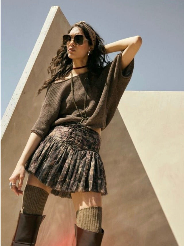 Jenny Drop Waist Pleated Mini Skort in Brown Floral