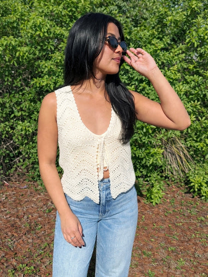 Briar Crochet Front Tie Tank Top in Cream