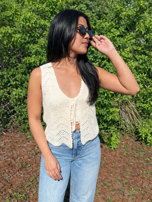 Briar Crochet Front Tie Tank Top in Cream