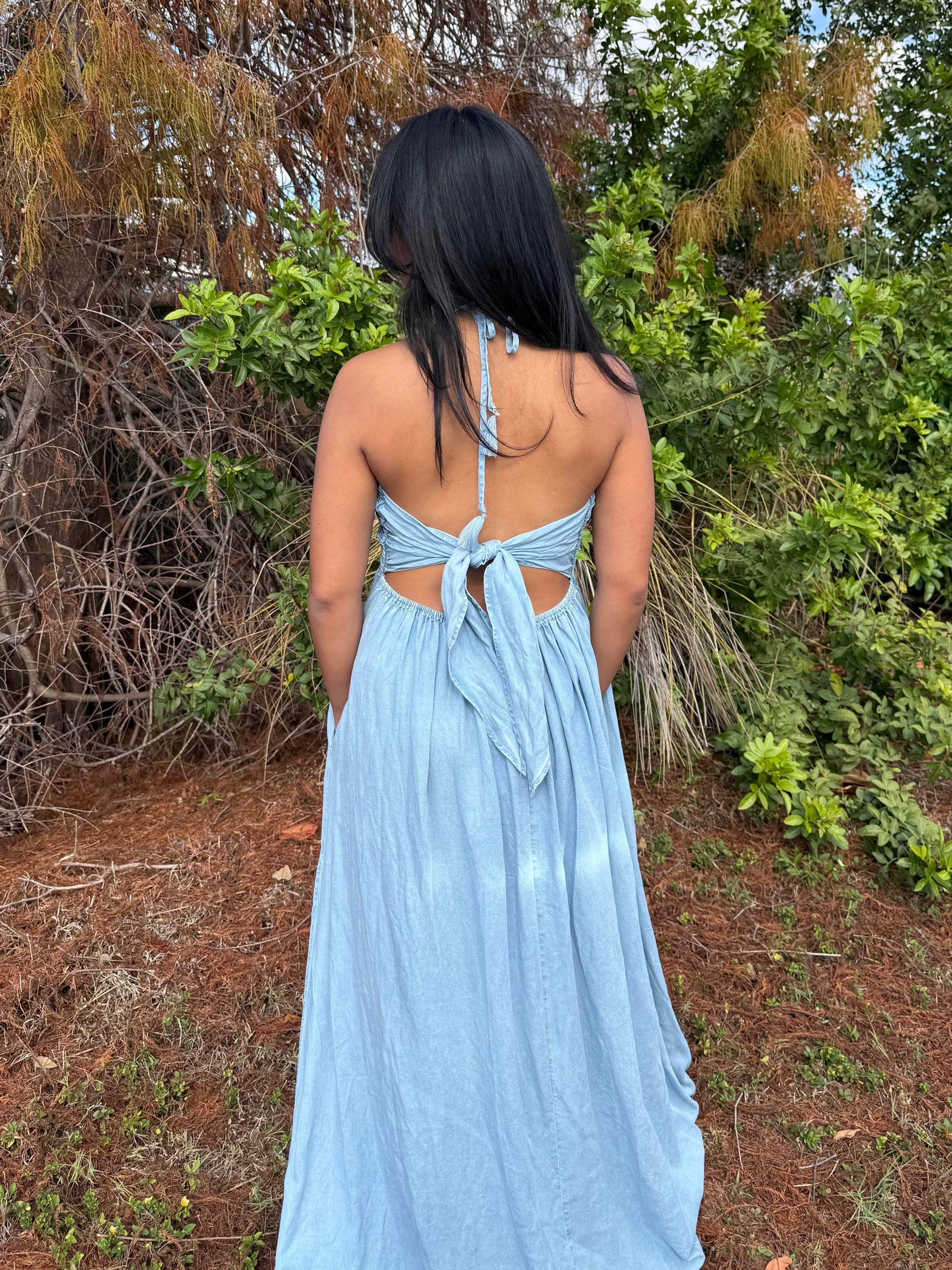 Savannah Halter Neck Open Back Flowy Maxi Dress in Denim