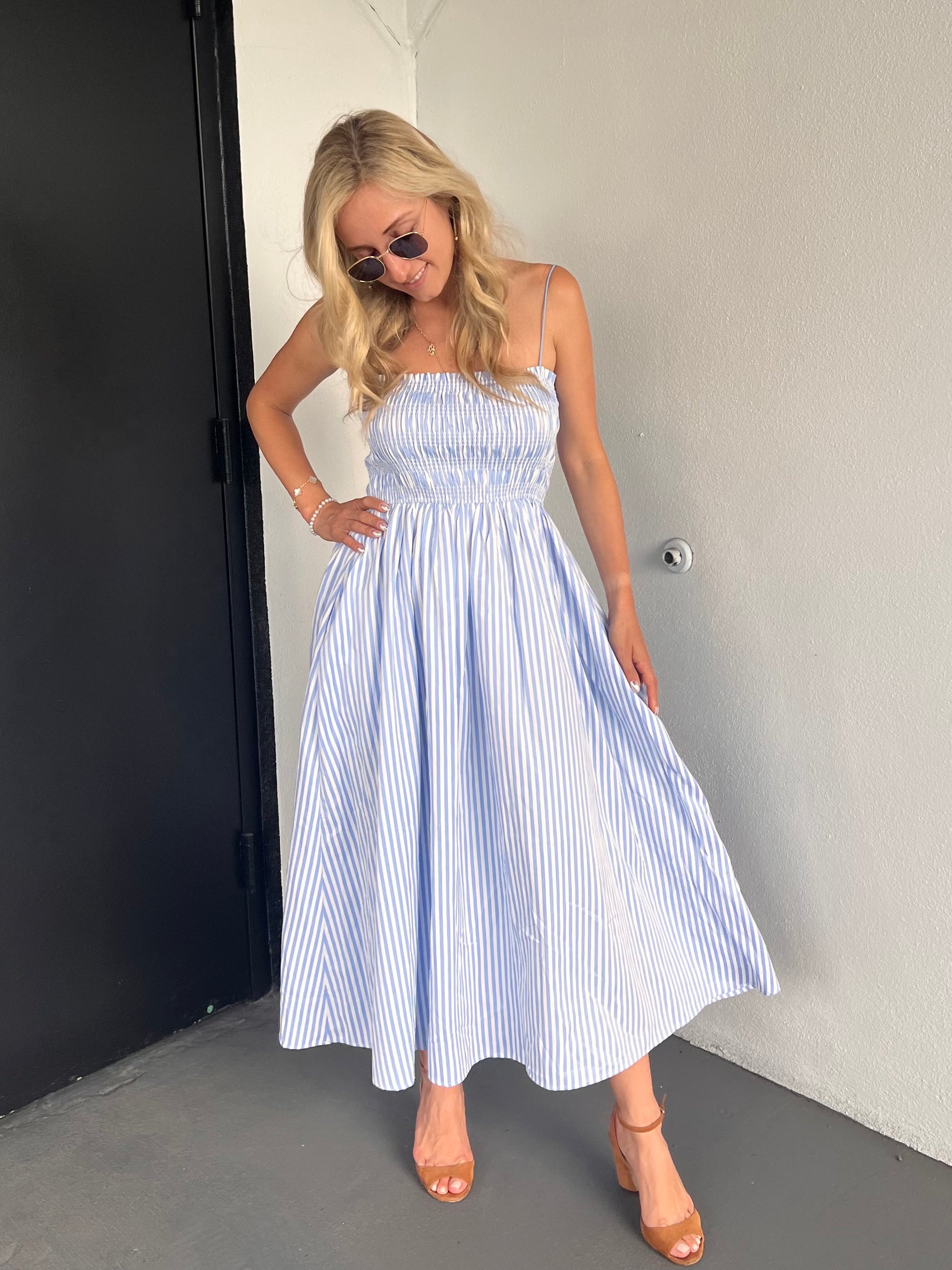 RALEIGH SMOCKED STRIPED MIDI DRESS IN BLUE
