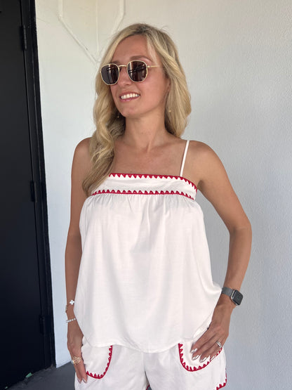Tessa Scallop Detail Babydoll Tank in White & Red