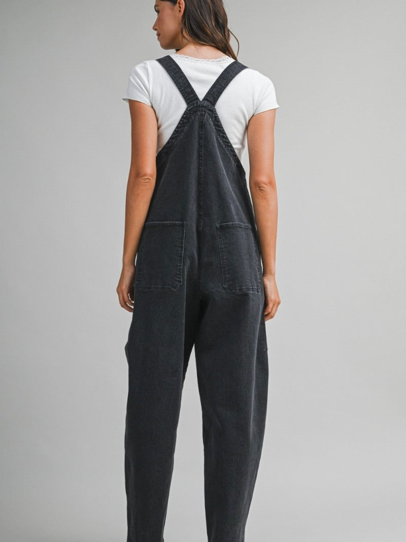 Shiloh Barrel Overalls in Black Denim