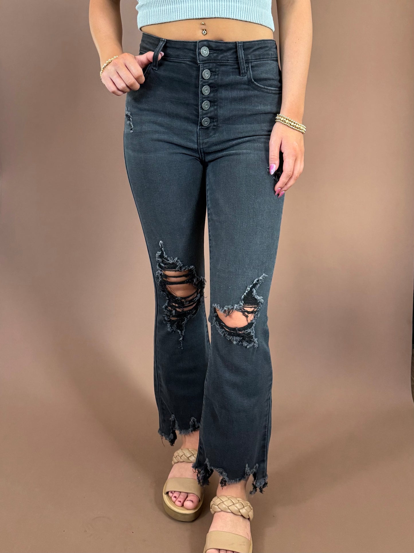 Dylan Distressed High Rise Denim in Washed Black