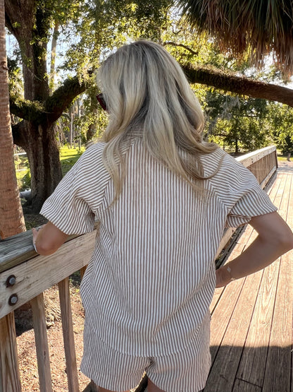 Noah Striped Button Up Top & Short Set in Taupe & White