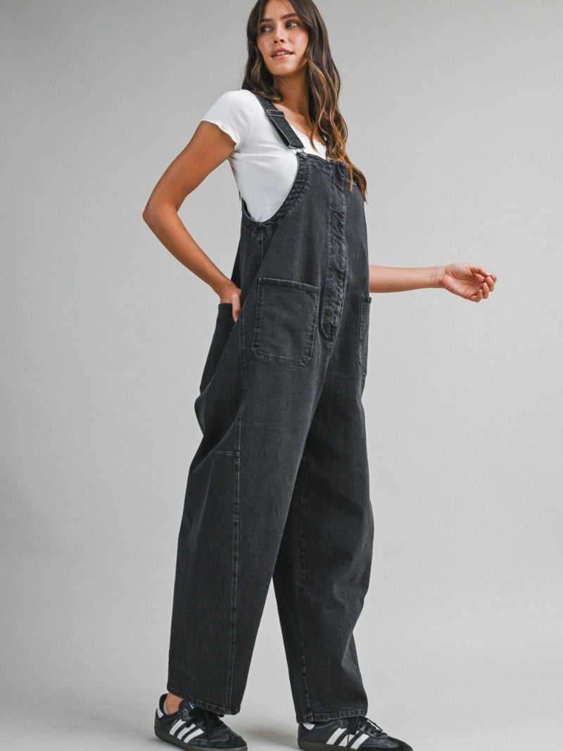 Shiloh Barrel Overalls in Black Denim