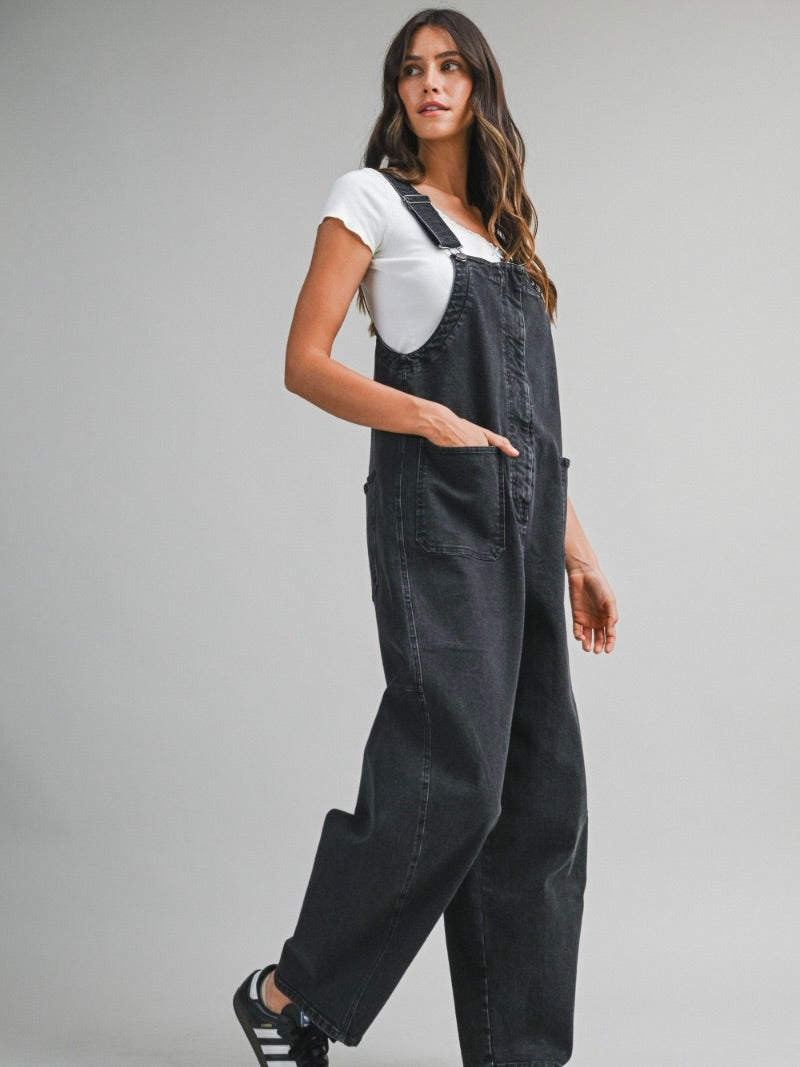 Shiloh Barrel Overalls in Black Denim