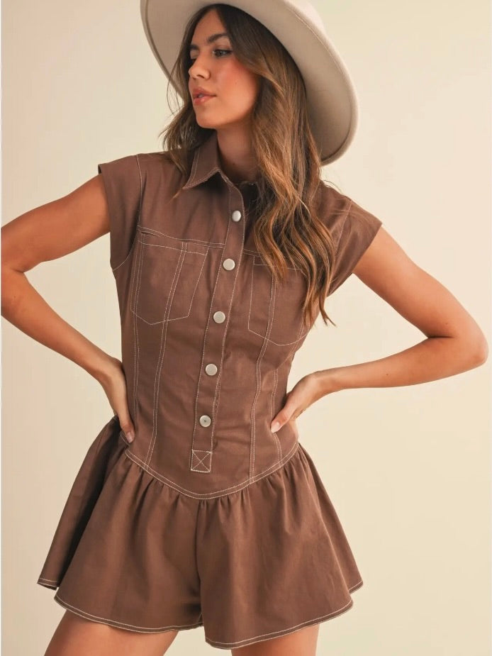 Quinn Drop Waist Sleeveless Romper in Brown