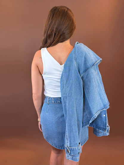 Aster Crop Trench Coat in Denim