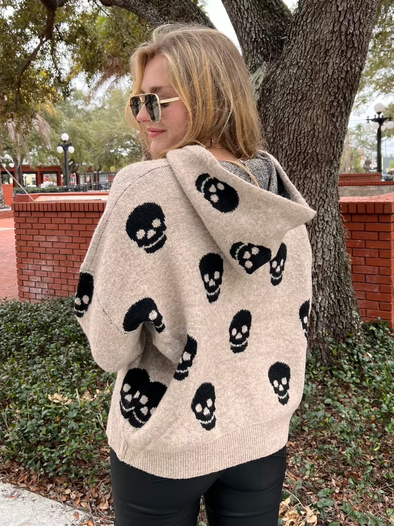 Pirate Tan Sweater Hoodie with Black Skulls