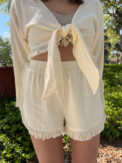 Sierra Cream Colored Shorts with fringe detail