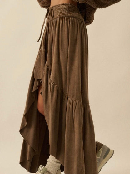 Aria Suede High-Low Maxi Skirt in Espresso Brown