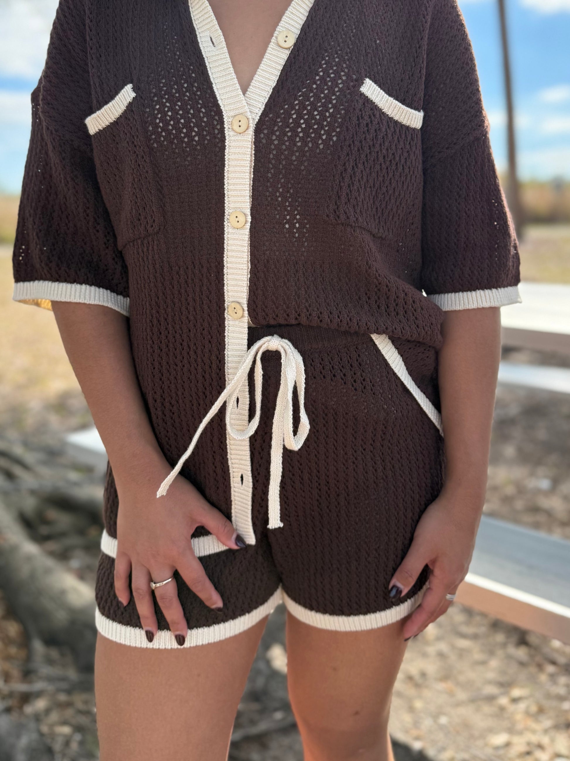 Emory Crochet Short Sleeve Top & Drawstring Shorts Set in Brown & Ivory