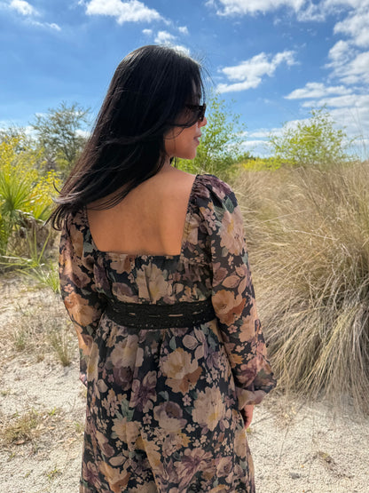 Ophelia Floral Lace Long Sleeve Maxi Dress in Brown