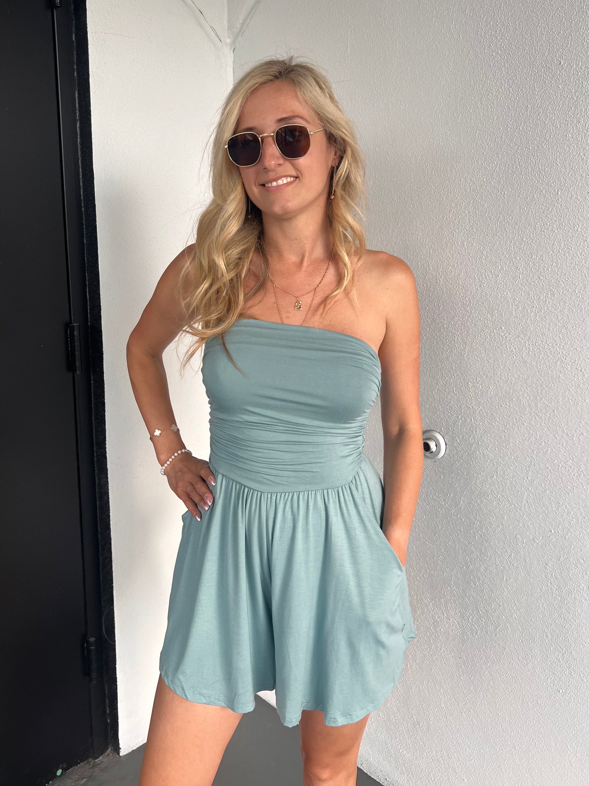 HALEY STRAPLESS ROMPER IN TEAL BLUE