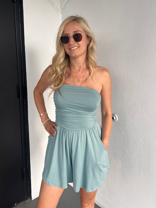 HALEY STRAPLESS ROMPER IN TEAL BLUE