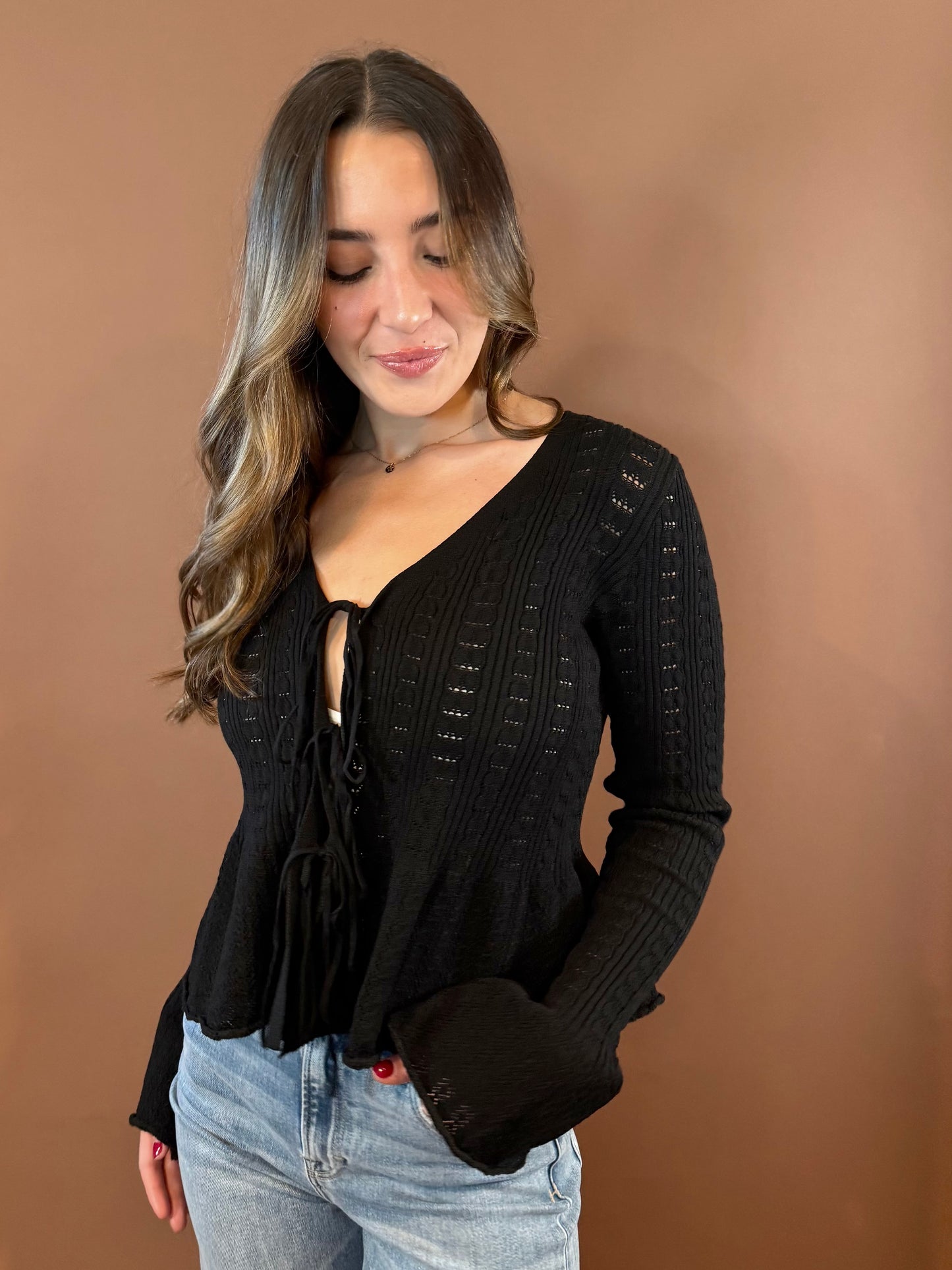 Lorelai Front Tie Bell Sleeve Peplum Sweater in Black