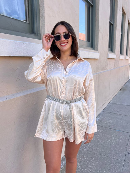 MIDNIGHTS PRINTED ROMPER IN CHAMPAGNE