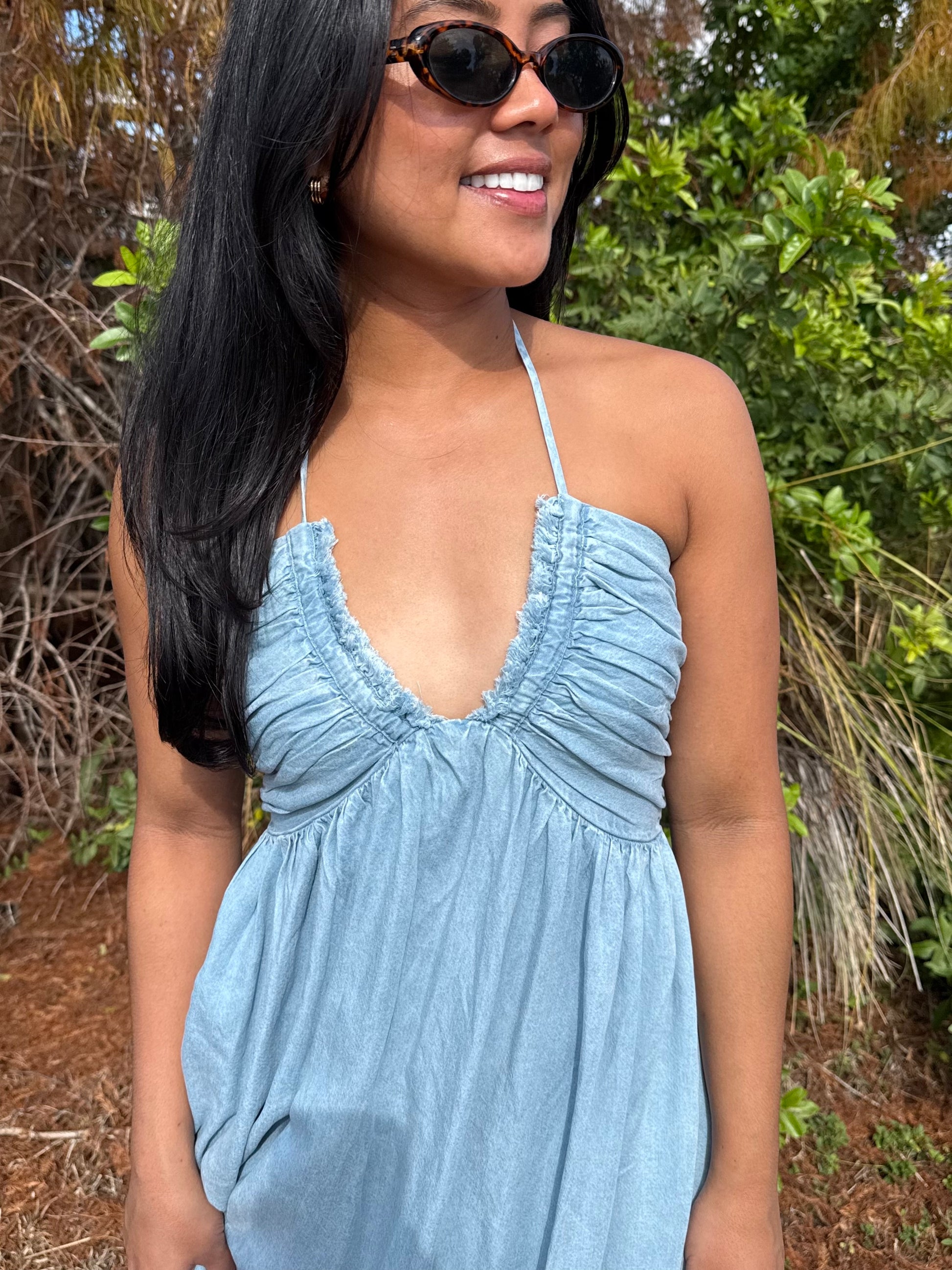 Savannah Halter Neck Open Back Flowy Maxi Dress in Denim