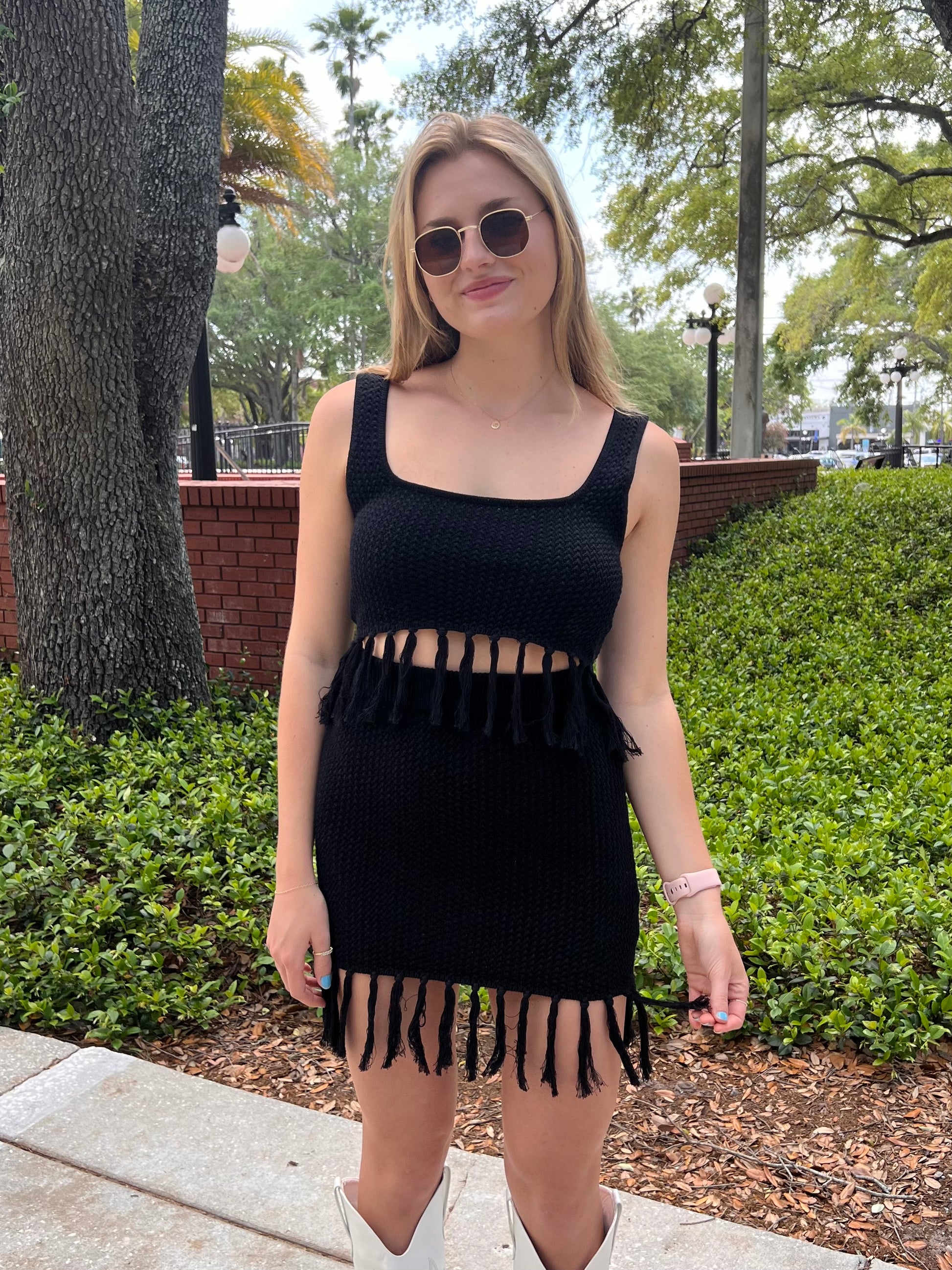 Paloma Black Knit Fringe Mini Skirt