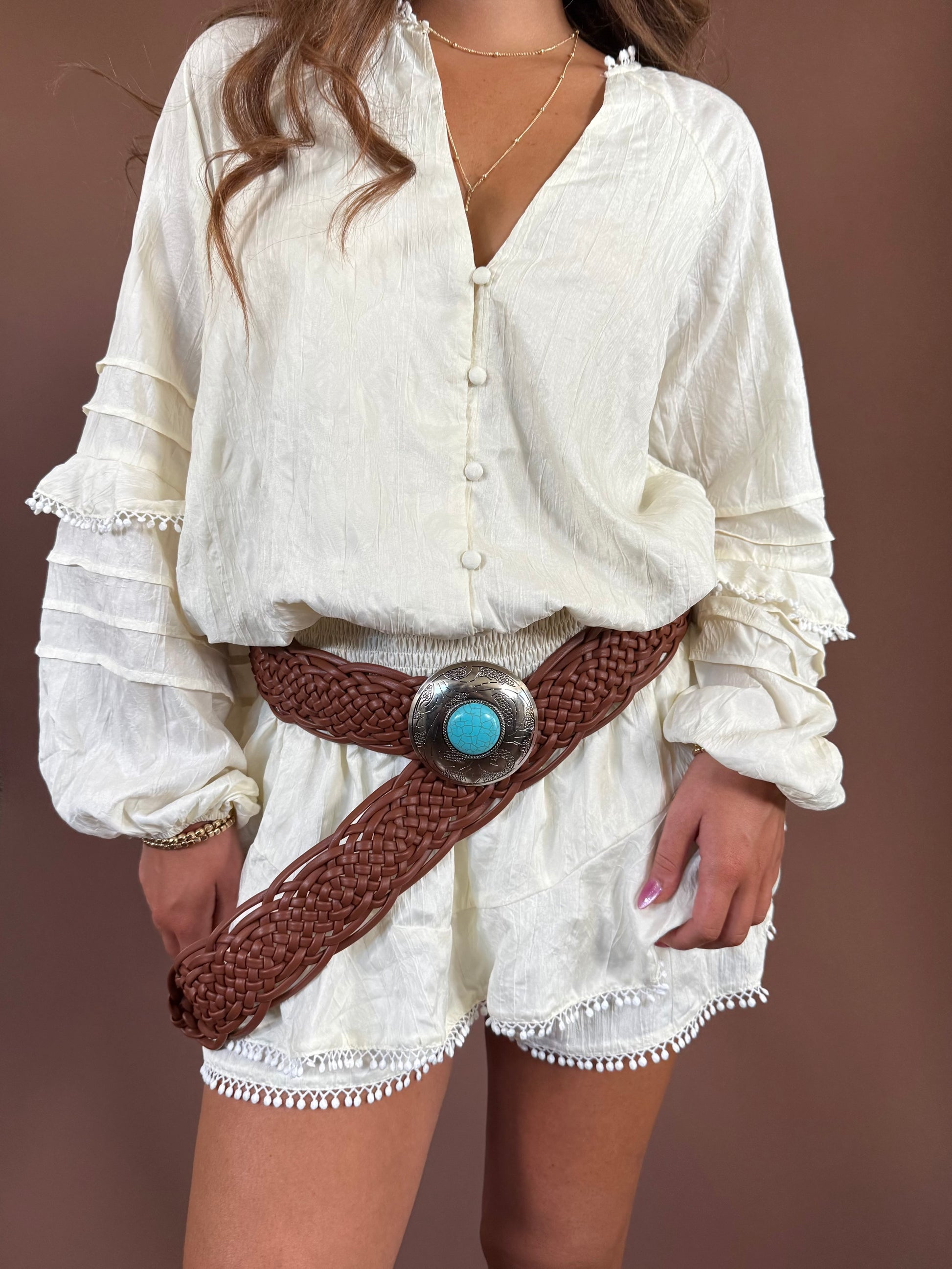 Lucy Western Belt in Brown with Turquoise Stone Detail