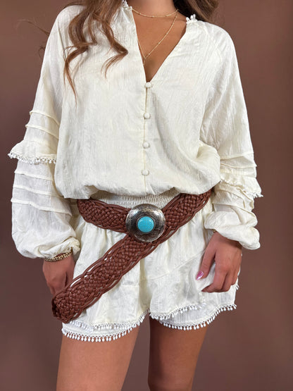 Lucy Western Belt in Brown with Turquoise Stone Detail