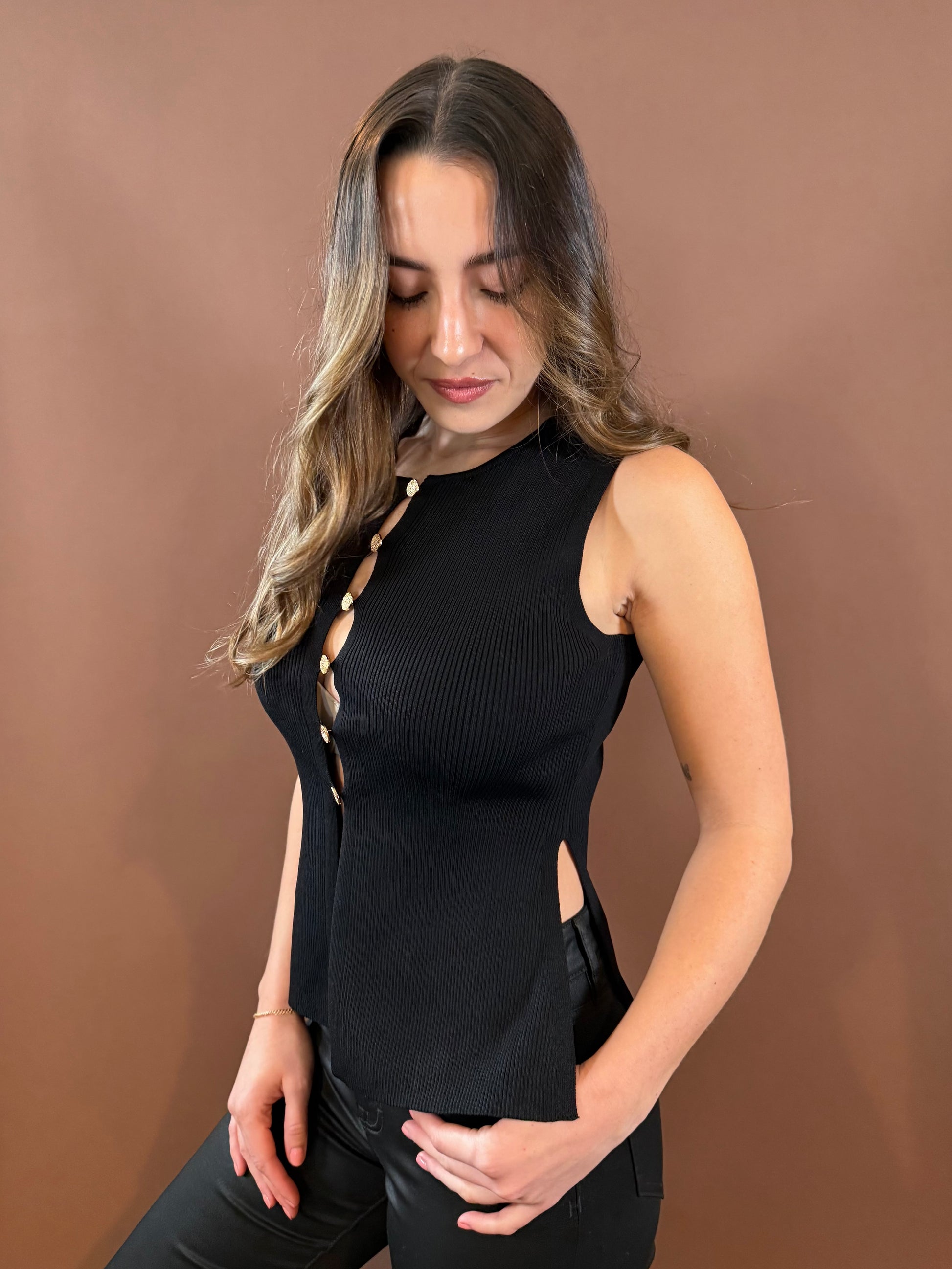 Callie Keyhole Gold Detail Sleeveless Blouse in Black