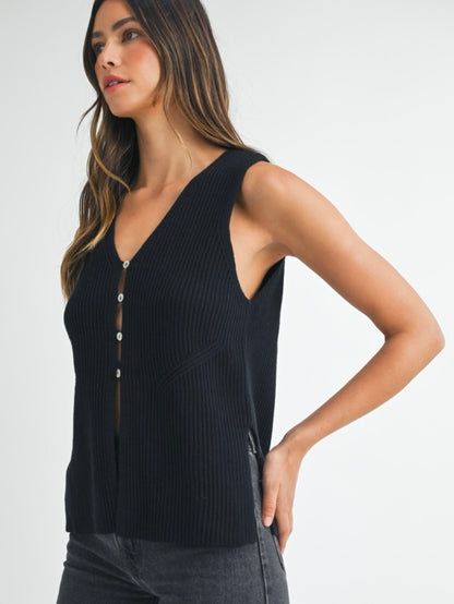 Miles Sleeveless Side Slit Sweater Vest in Black