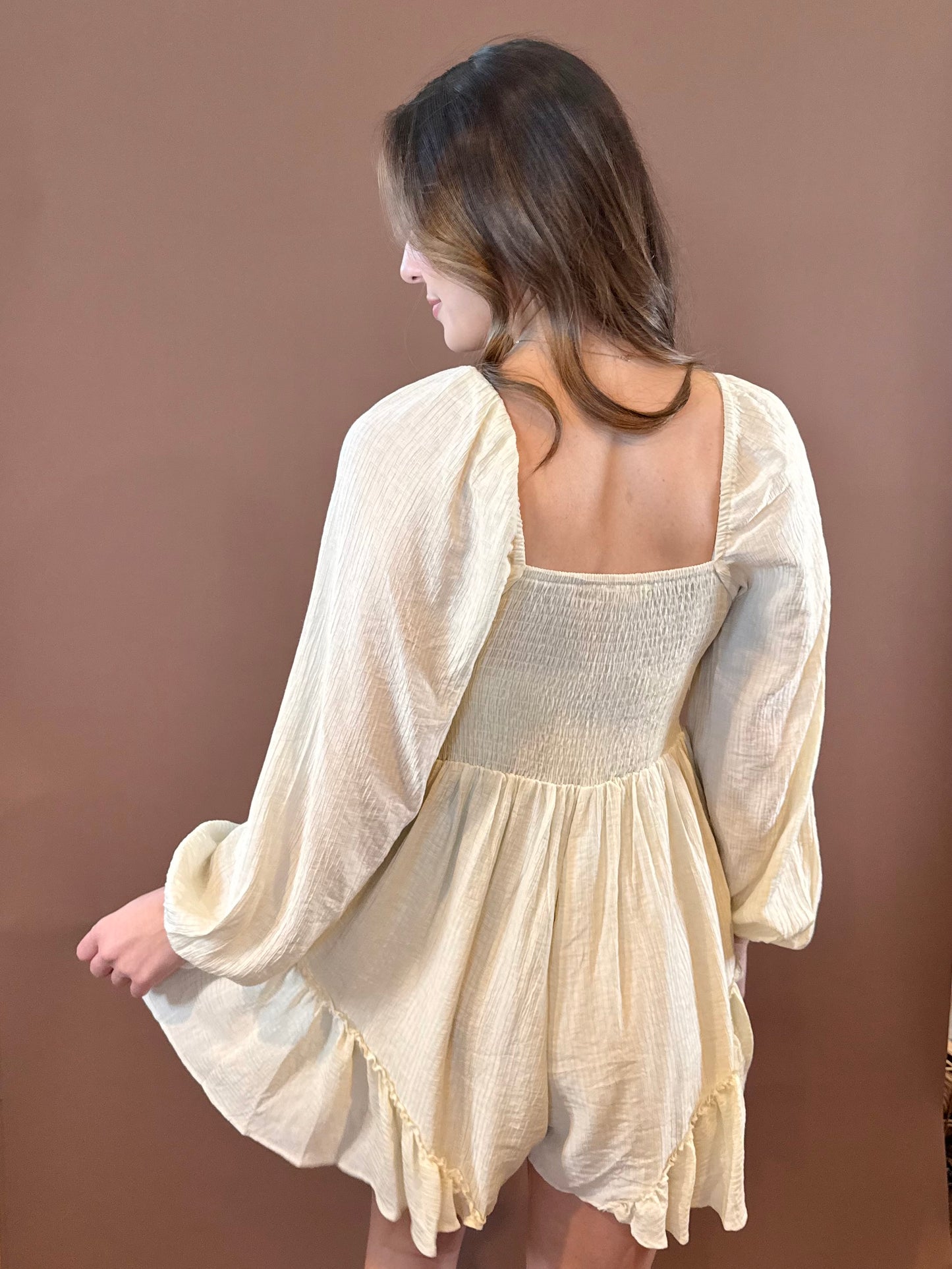 Gemma Long Sleeve Peasant Ruffle Romper in Oatmeal