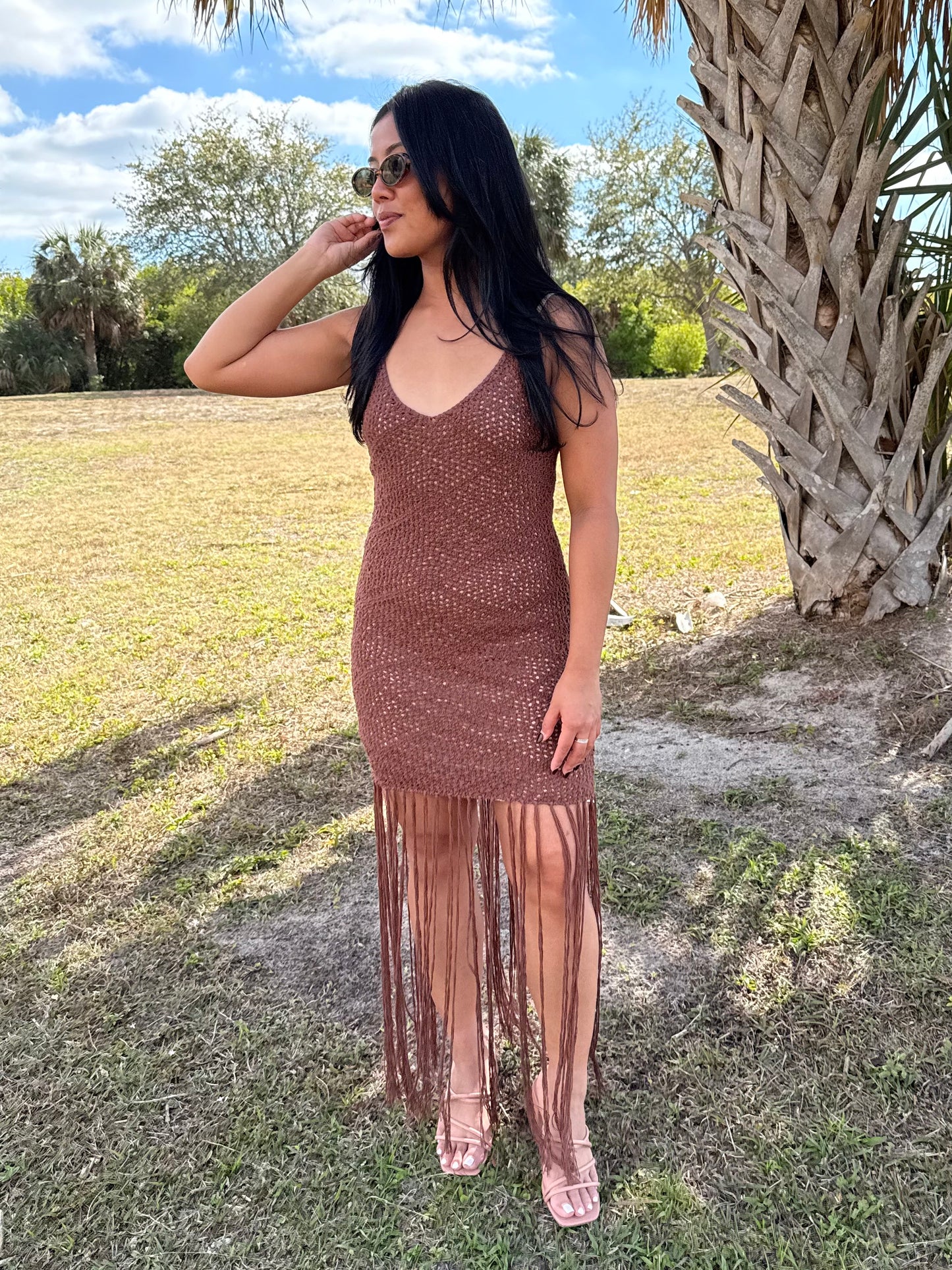 Sloane Fringe Knit Dress in Chocolate Brown