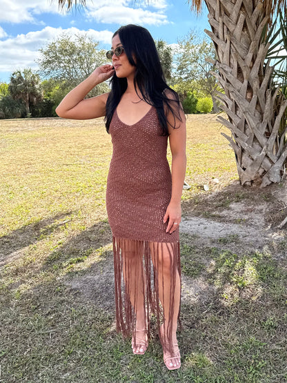 Sloane Fringe Knit Dress in Chocolate Brown