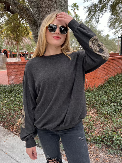 Arden Charcoal Crewneck Sweater with Stud Skull Detail